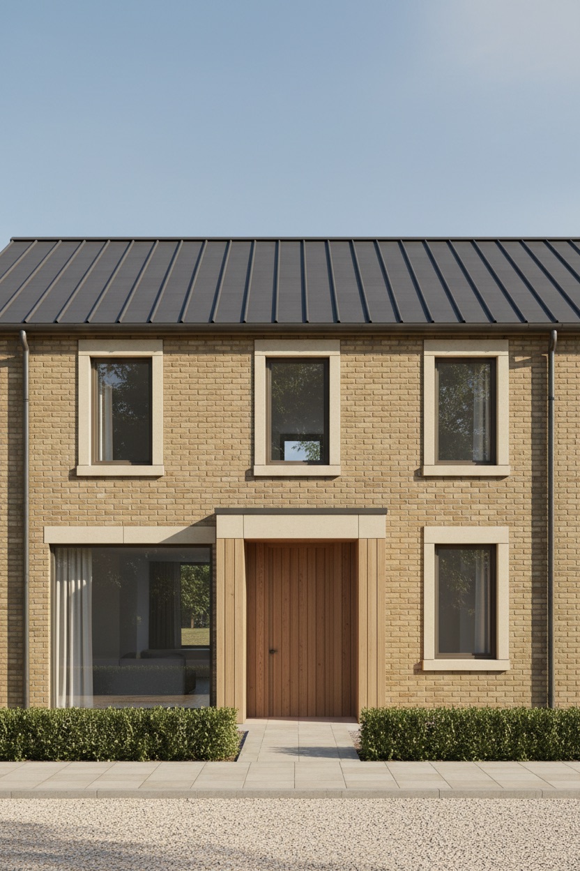 Photorealistic 3D render of a two-storey house seen straight on in front elevation, in warm buff brick with legible individual courses and recessed mortar joints, projecting pale stone sills and heads, a dark standing-seam zinc roof and a recessed timber-lined entrance porch