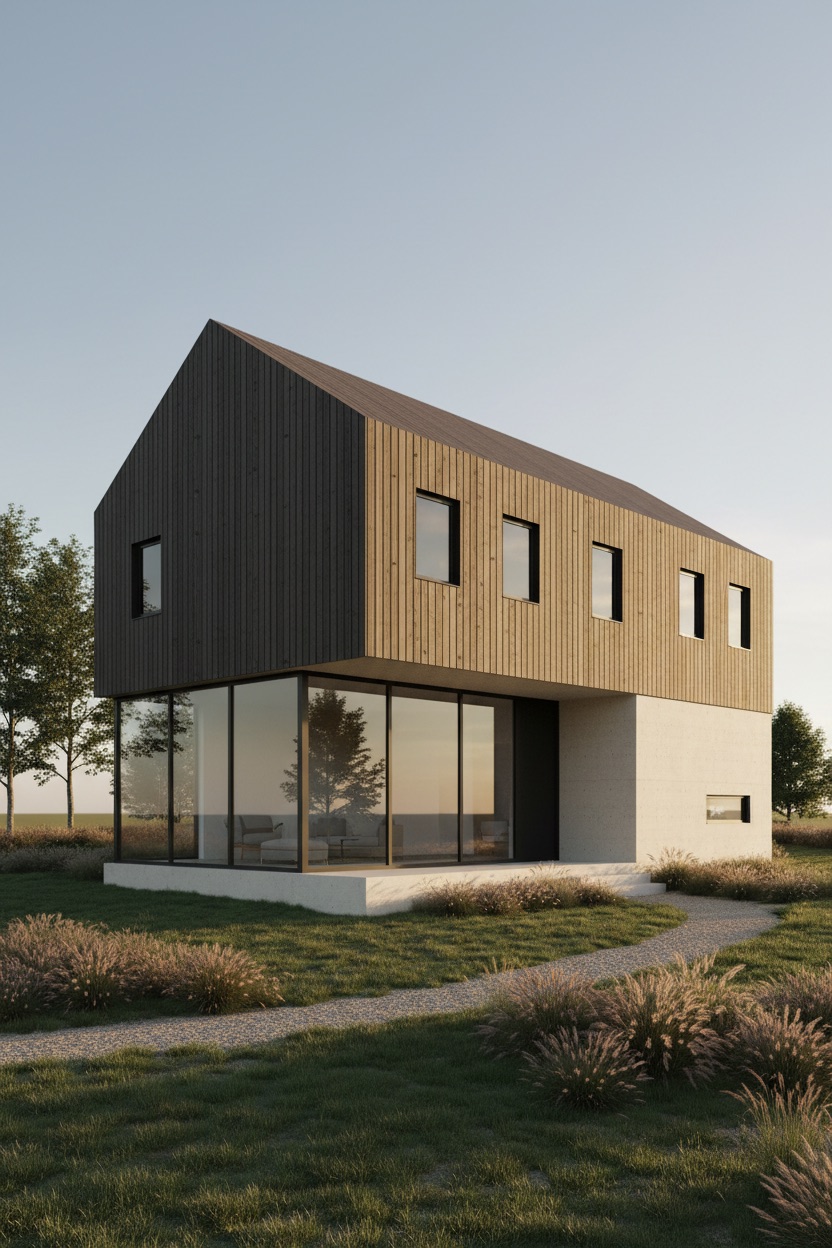 Photorealistic render of a two-storey gabled house with a charred dark timber upper volume cantilevered over a white concrete base, full-height glazing to the ground floor living space, set in a meadow of ornamental grasses with a gravel path