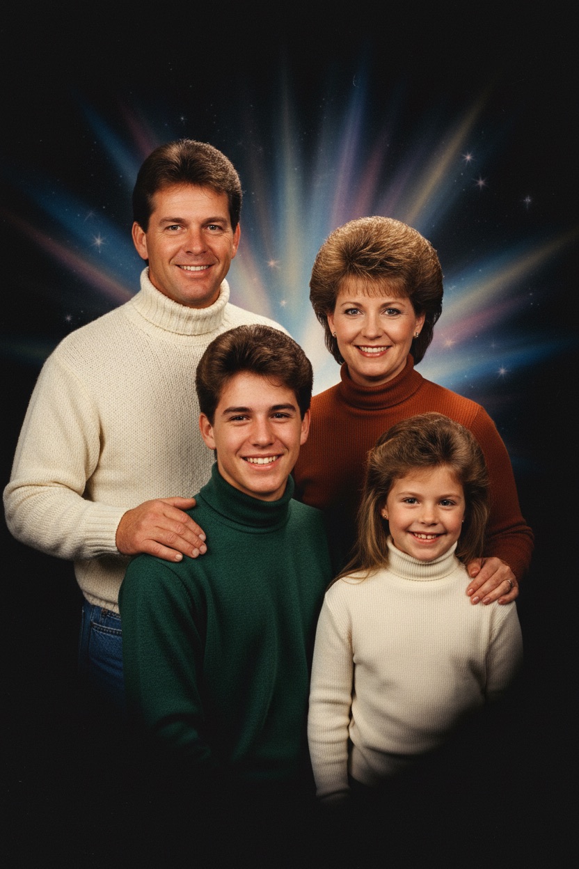1986 department-store family portrait of four people in matching cream, rust and green turtleneck sweaters, heads staggered on a diagonal with hands on shoulders, against a black backdrop with coloured laser starbursts