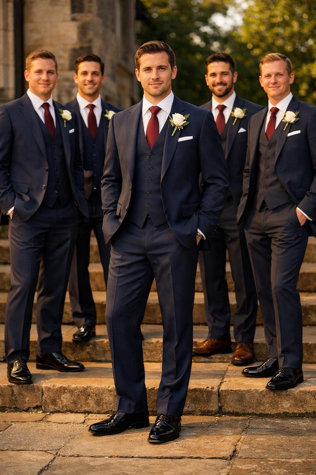 Groom wedding attire — navy three-piece suit with peak lapel, burgundy tie and white rose boutonnière, flanked by four groomsmen on stone church steps