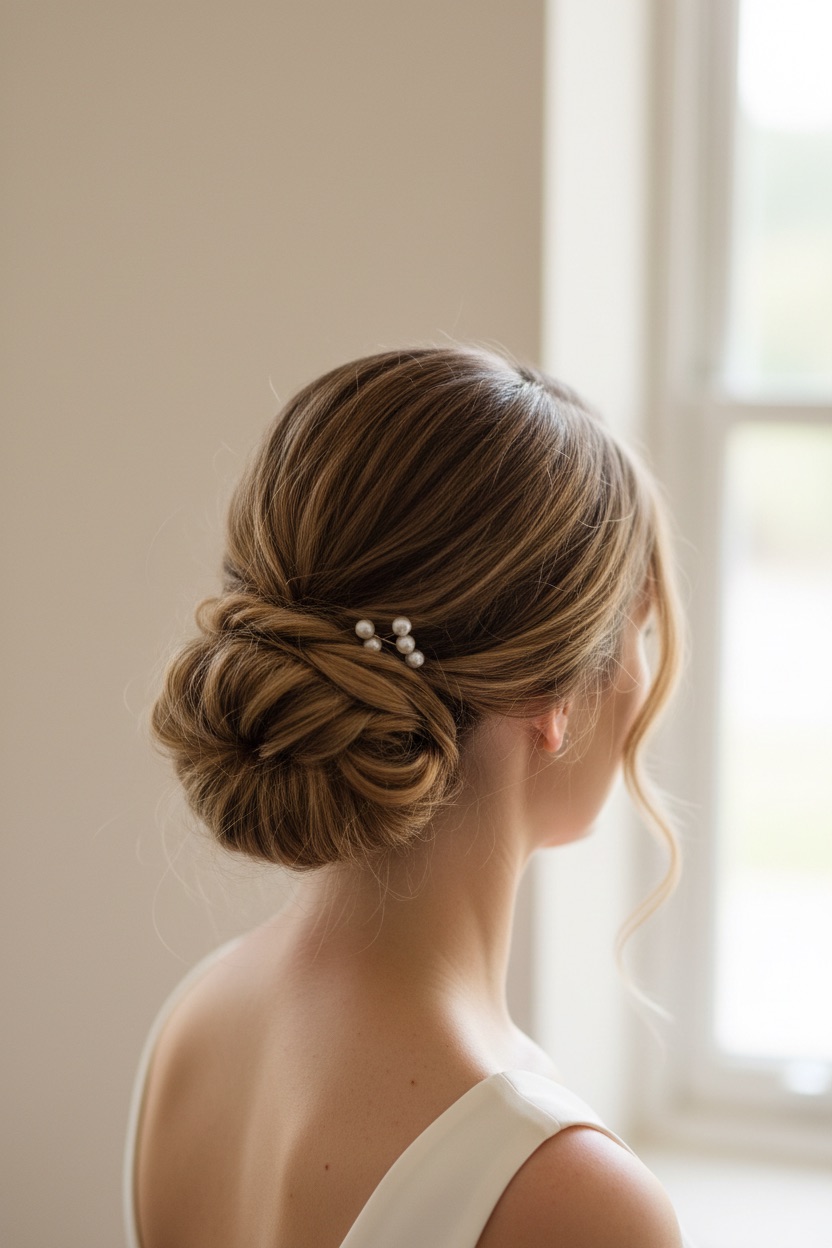 Bridal hairstyle try-on example — low textured chignon at the nape with pearl pins and loose tendrils at the temples