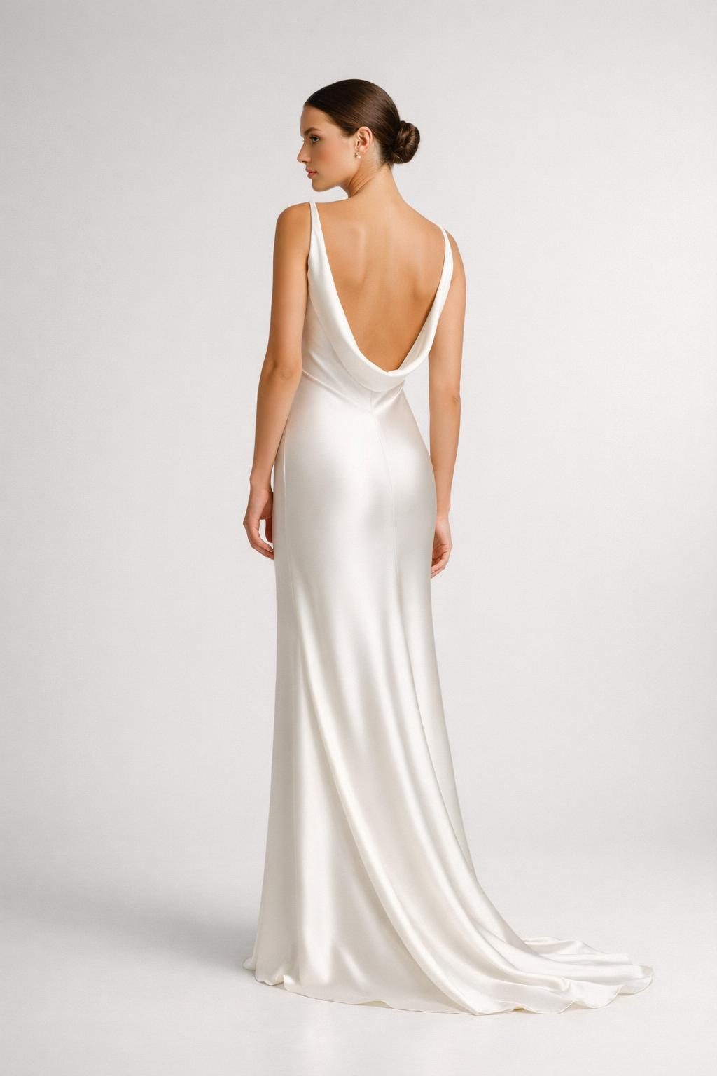Minimalist wedding dress — bias-cut column gown in heavy oyster silk satin with cowl neckline and open low back, bright studio