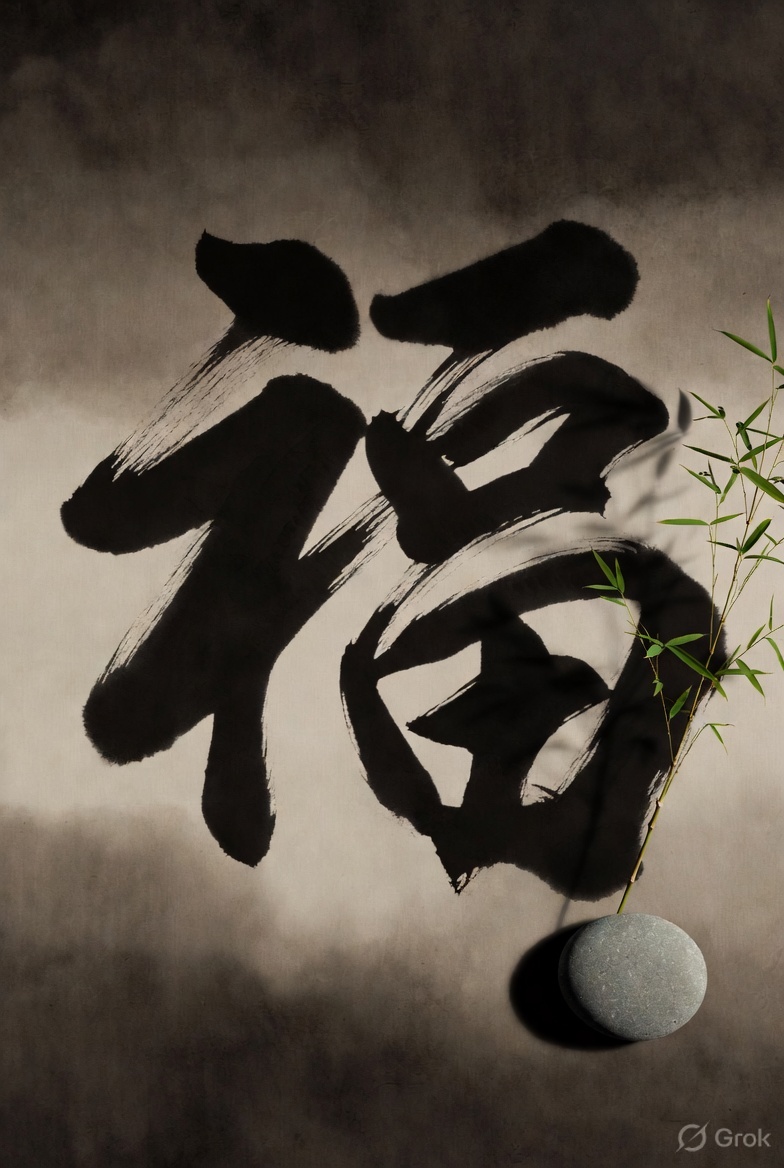 Japanese sumi-e brush calligraphy of the word "peace" in black sumi ink on aged washi paper
