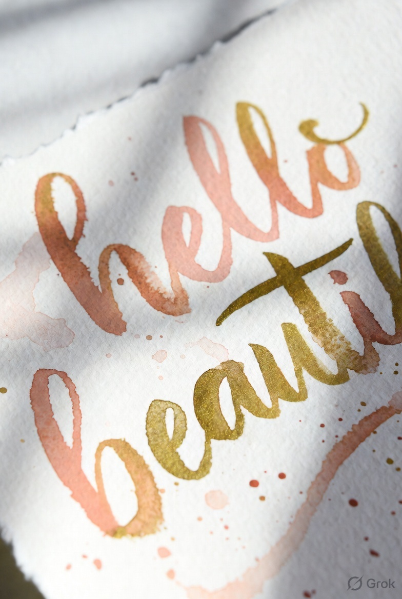 Watercolor brush calligraphy — "hello beautiful" in coral, gold, and rose watercolor on white paper