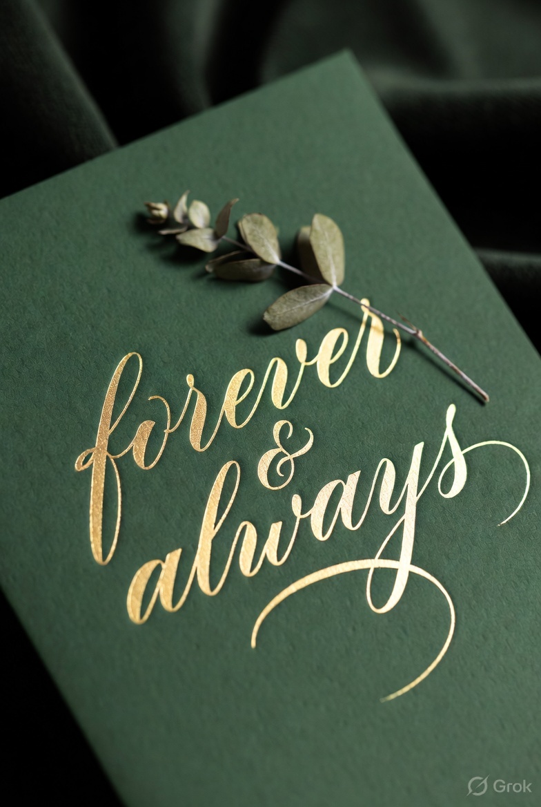 Gold foil brush calligraphy — "forever & always" in gold on a deep forest green card with eucalyptus accent