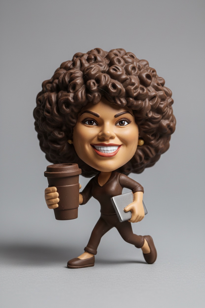 Photorealistic render of a vinyl caricature figurine of a curly-haired woman mid-stride holding an oversized coffee cup, lit as a product shot on a grey sweep