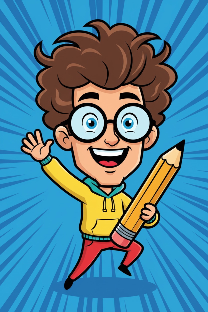 Bold flat-colour cartoon caricature of a young man with round glasses and huge hair, waving, holding an oversized pencil against blue radiating speed lines