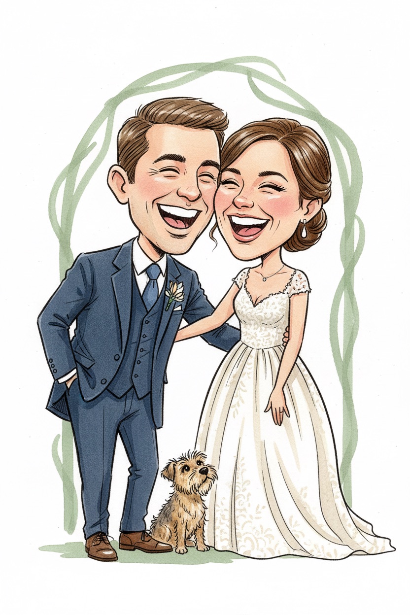 Caricature of a laughing bride and groom leaning together under a simplified green garden arch, with a small scruffy terrier sitting between their feet