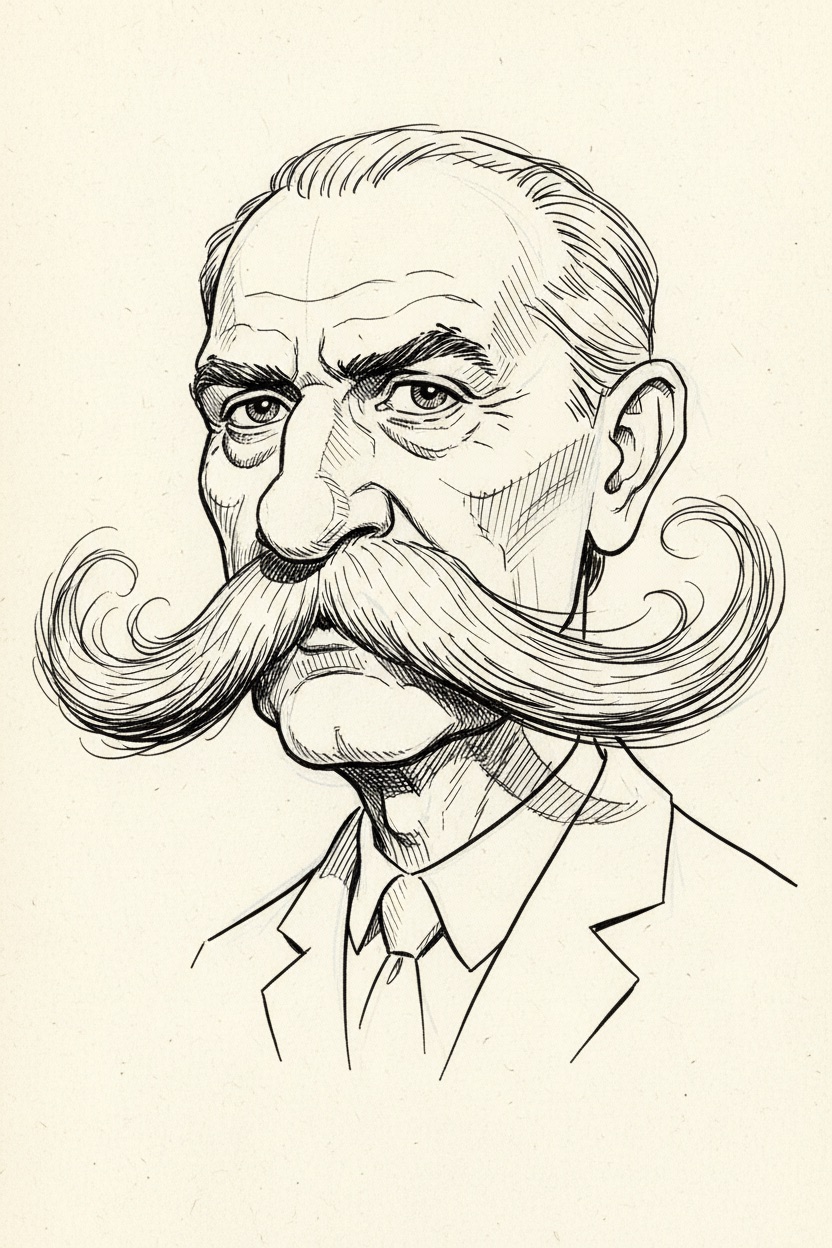 Black and white pen caricature of an older man whose enormous curled moustache dominates the lower half of his face, drawn with cross-hatching on cream paper