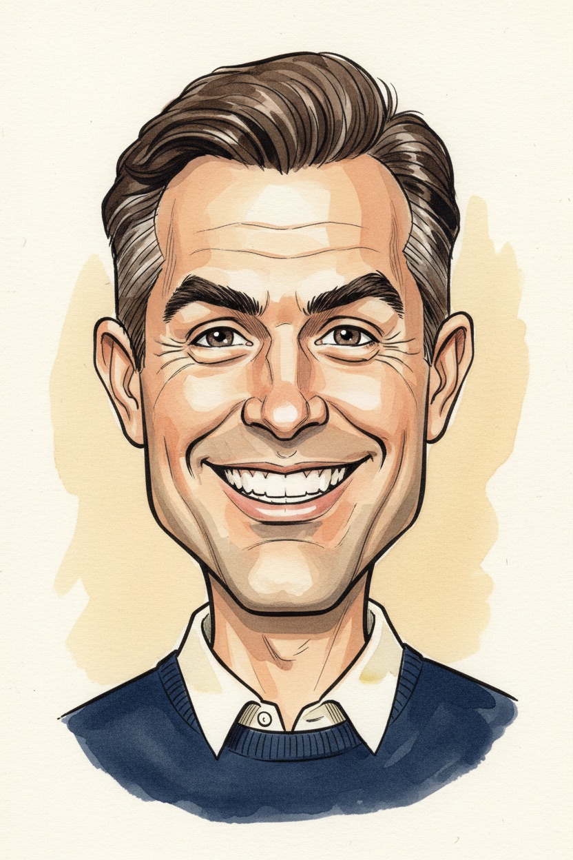 Pen and ink caricature portrait of a smiling man in a navy sweater, jaw widened and eyebrows raised, on warm cream paper