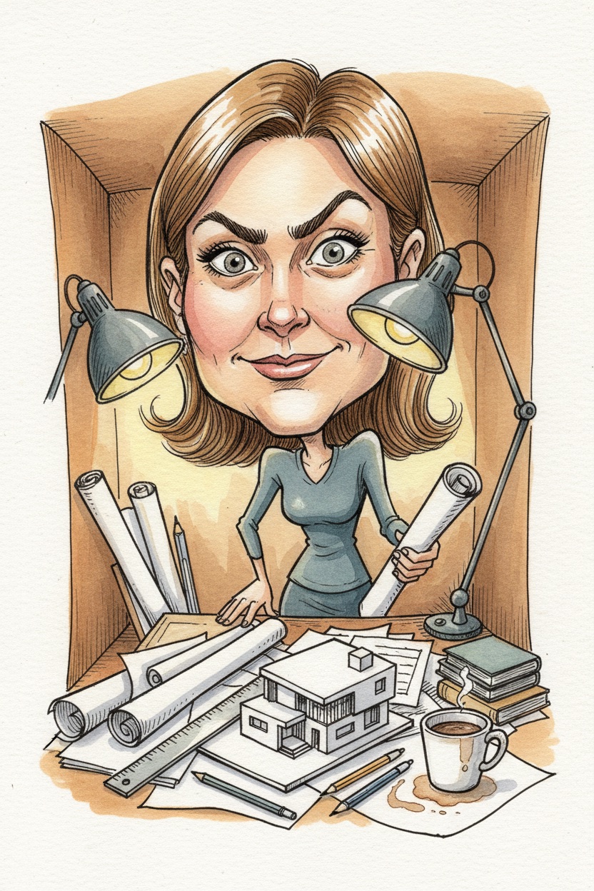 Caricature illustration of an architect at a cluttered studio desk, oversized head on a small body, surrounded by rolled blueprints, a scale ruler, a foam building model and a stained coffee mug