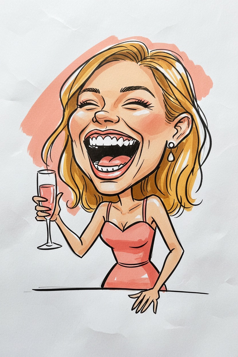 Fast marker caricature of a laughing blonde woman in a coral dress raising a champagne glass, with visible brush strokes and colour overrunning the linework