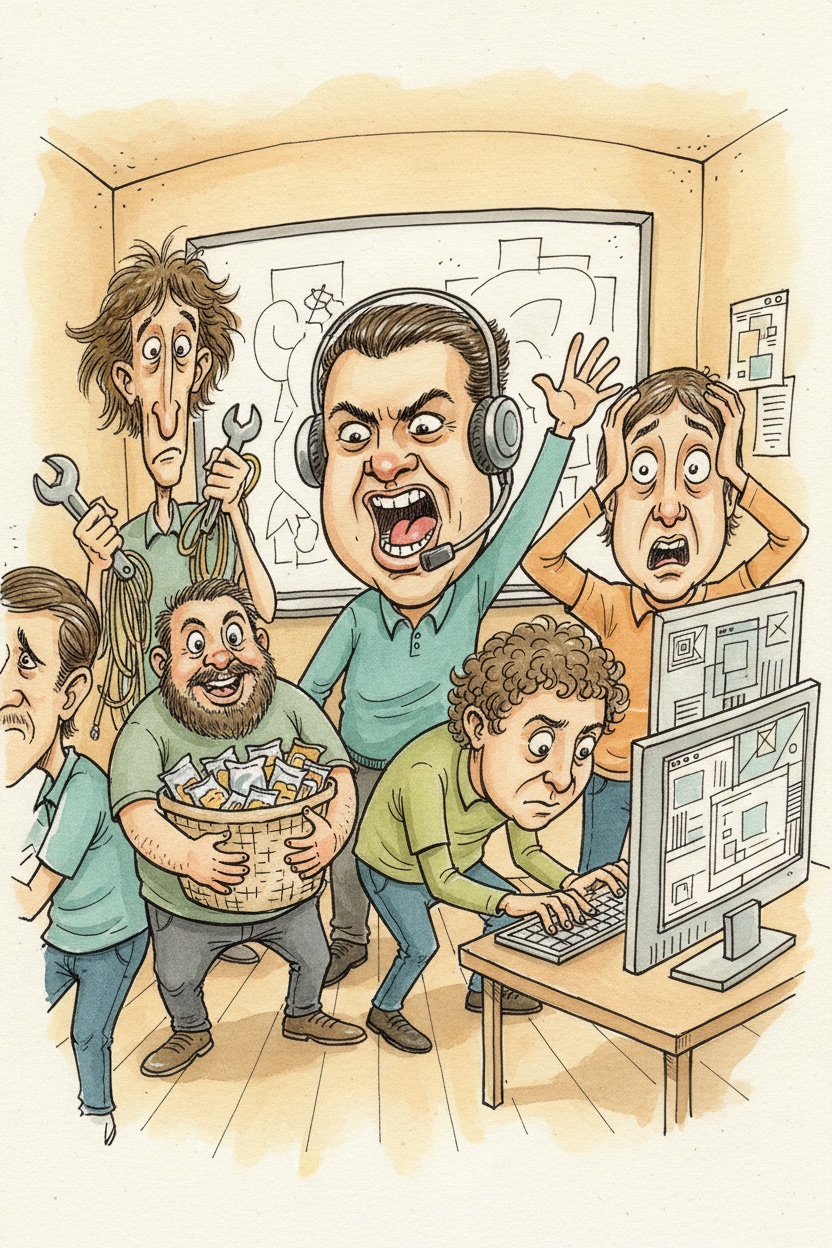Ink and watercolour group caricature of five colleagues around a whiteboard, one shouting into a headset, one holding a snack basket, one with a wrench and cables, one at a keyboard and one clutching their head at a monitor