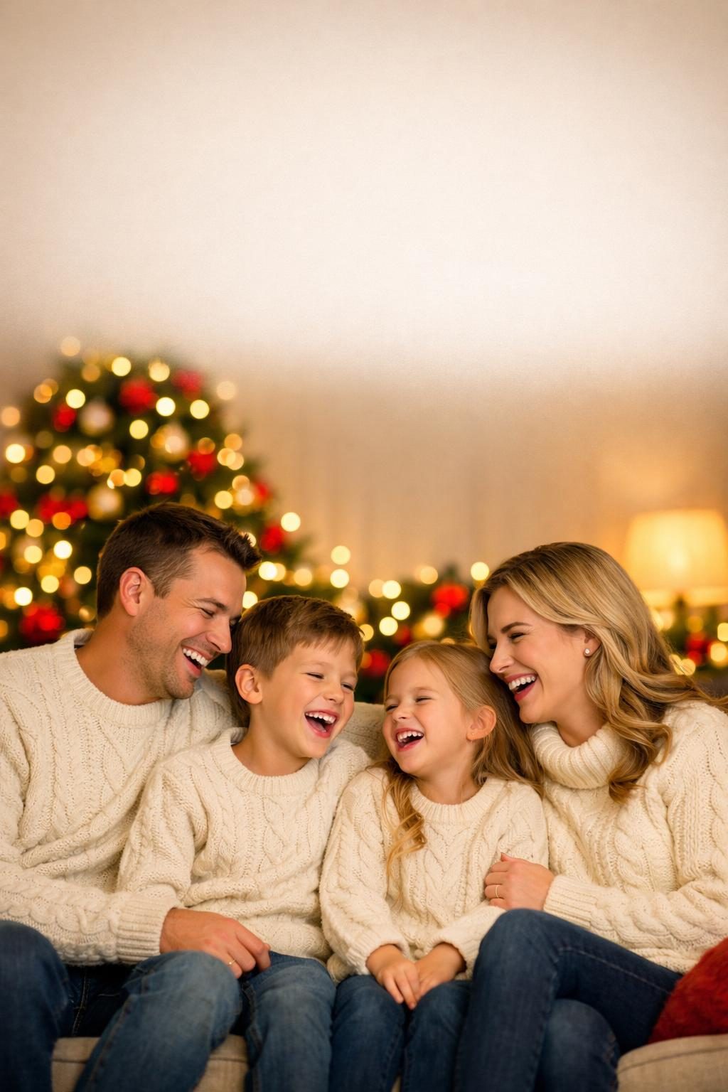 AI Christmas card photo example — festive family styling with negative space for a printed greeting