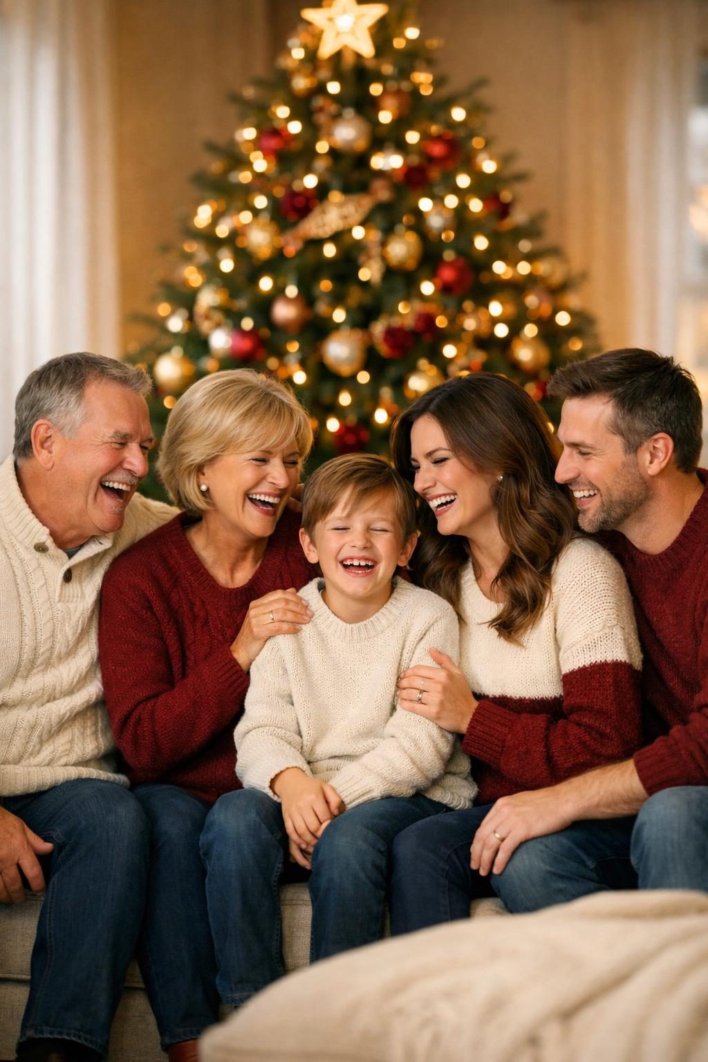 Christmas family portrait example — three generations gathered in front of a decorated tree