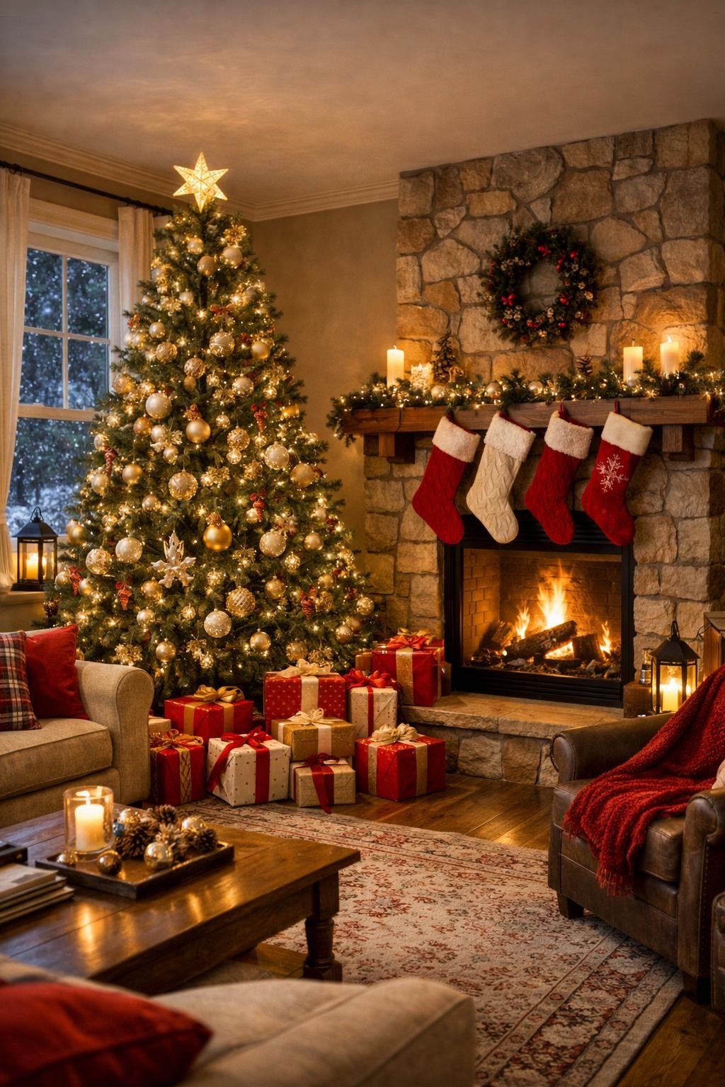 Christmas home scene example — a decorated living room with a lit tree, stockings, and a fireplace