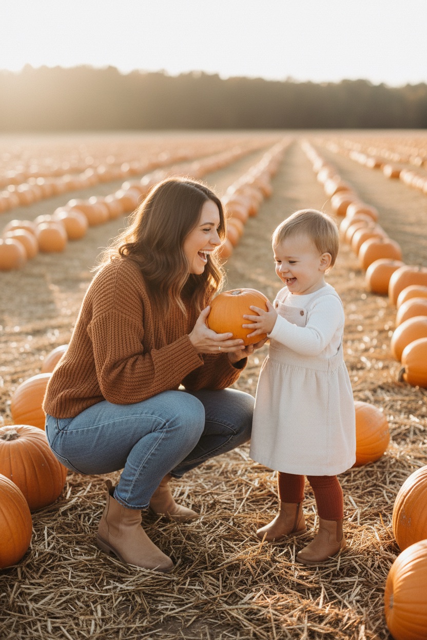 Family pumpkin patch photoshoot: mother crouched beside her toddler in coordinated cream and rust tones