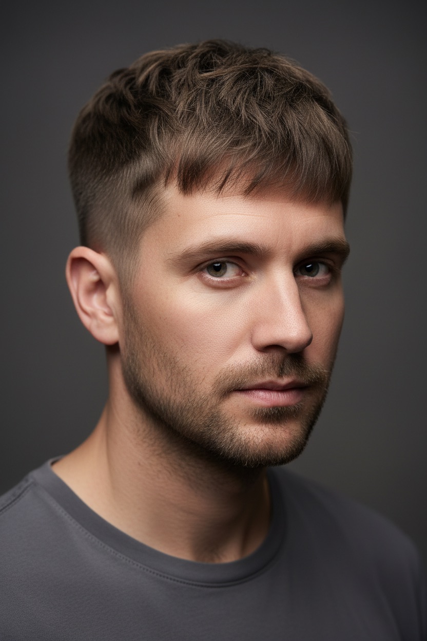 Men's haircut try-on example — textured French crop with a mid fade, showing a realistic hairline and temple recession