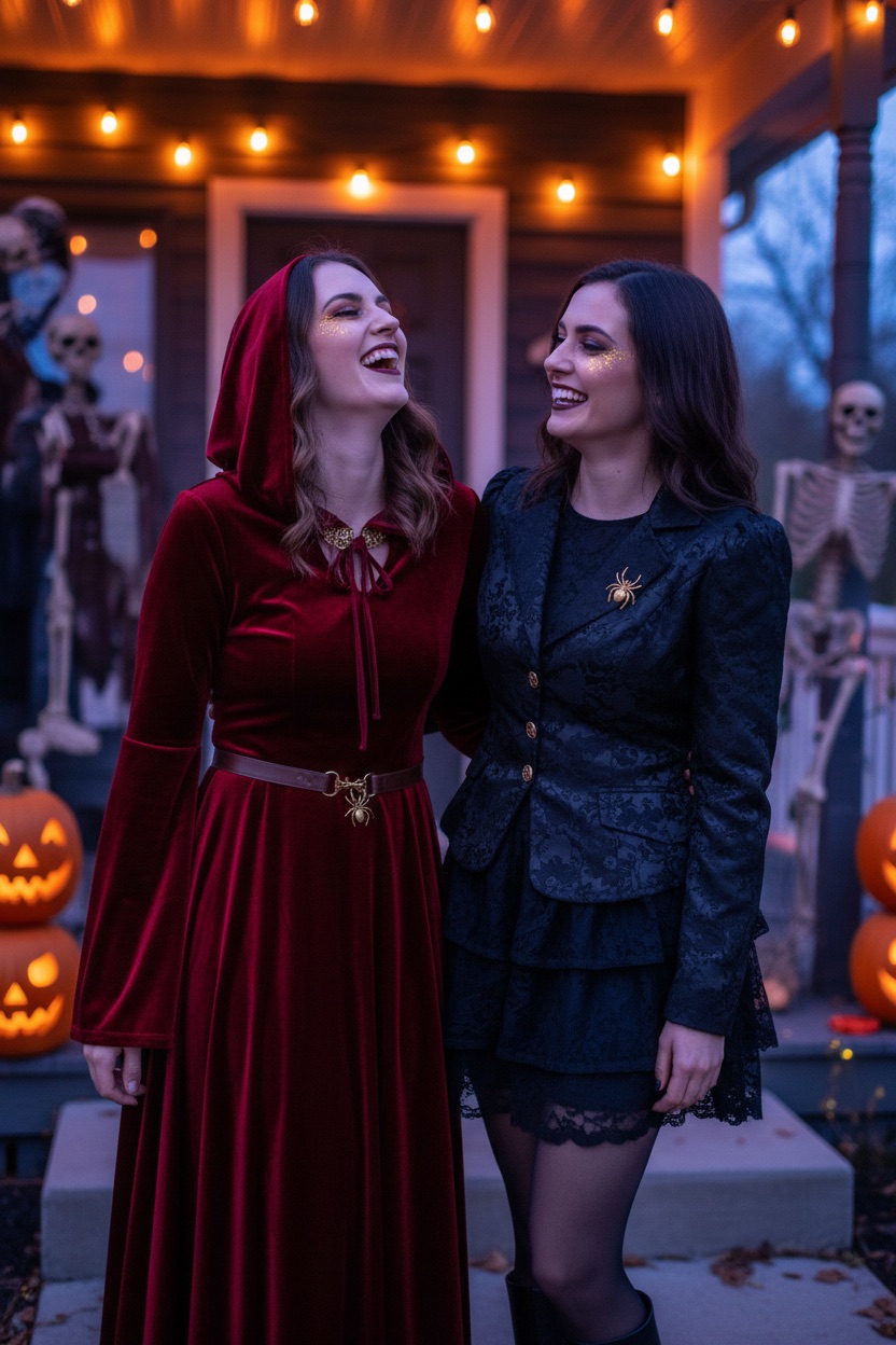 Couples Halloween photoshoot: two friends in red velvet and black lace under warm string lights