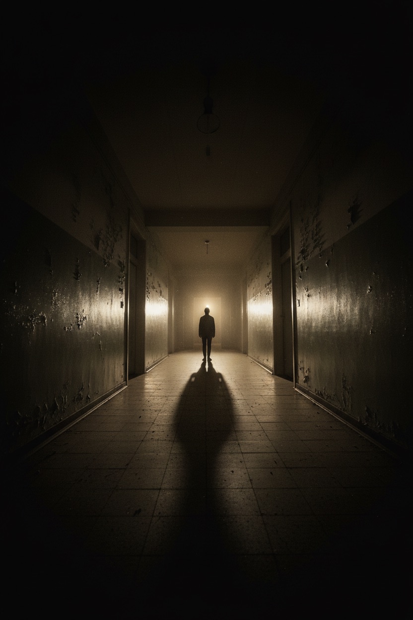 Scary Halloween photoshoot: a distant, motionless figure at the end of a dark hallway, no gore