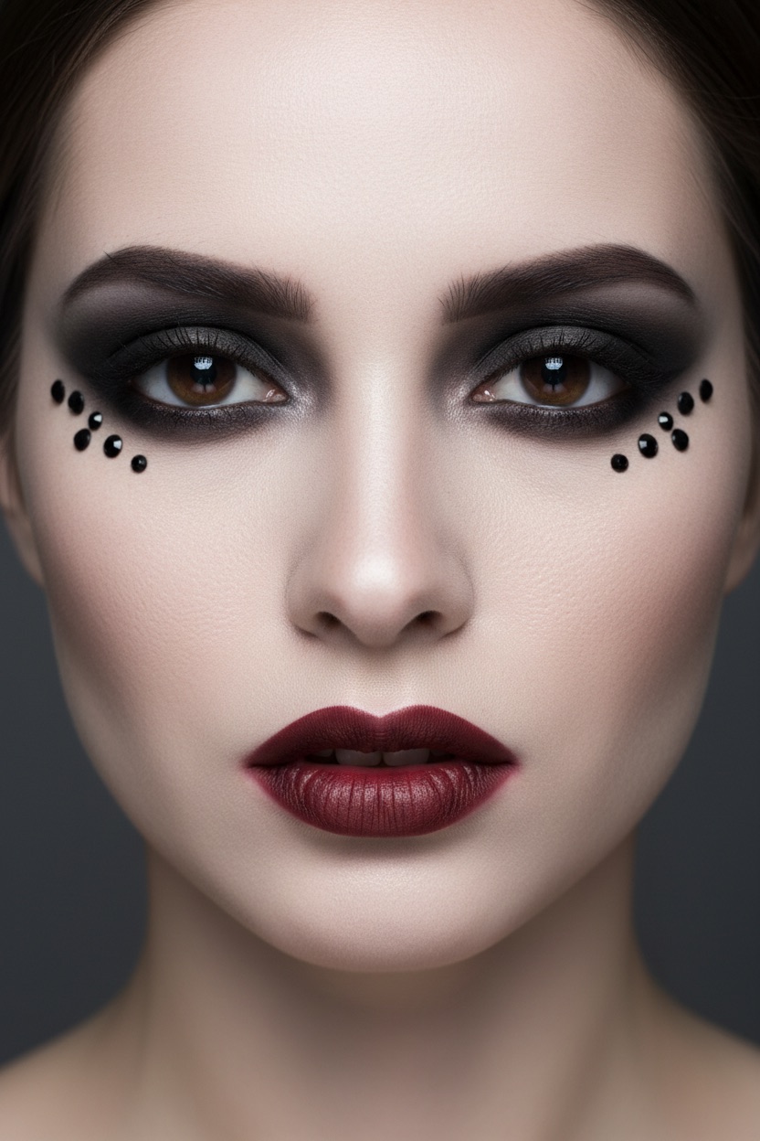 Halloween makeup idea: charcoal smoked eye with a sharp wing, oxblood lip and black rhinestones