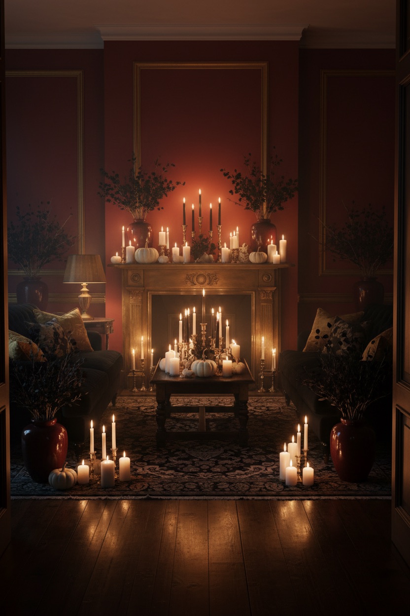 Halloween party decorating idea: candlelit living room with white pumpkins and dried branches
