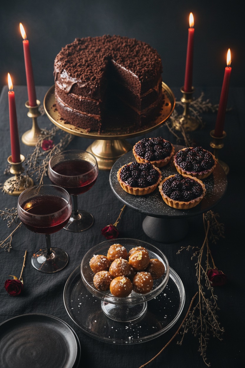 Halloween party dessert table: dark chocolate cake, blackberry tarts and red tapers on black linen