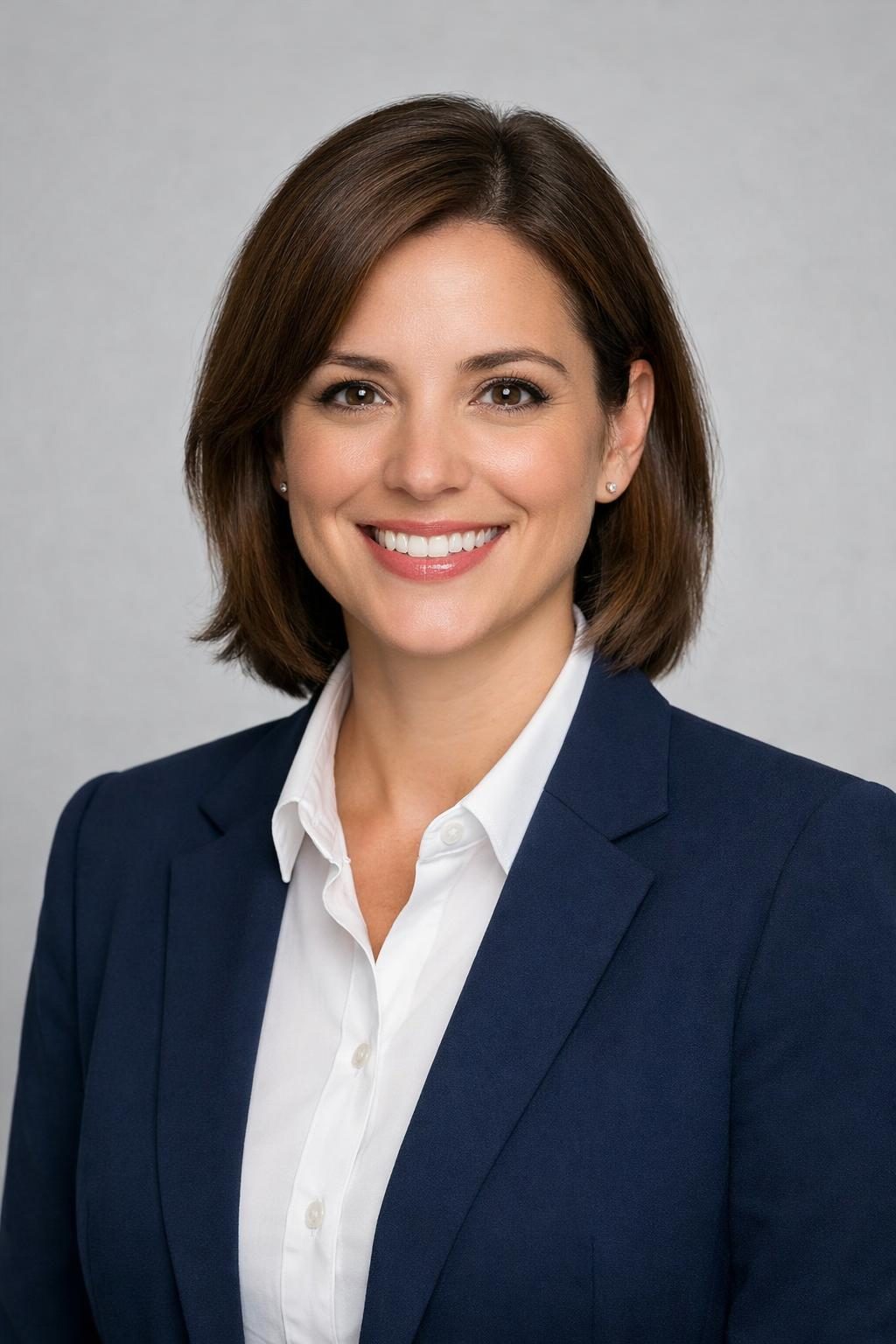 Corporate LinkedIn headshot example — blazer, neutral background, confident approachable expression