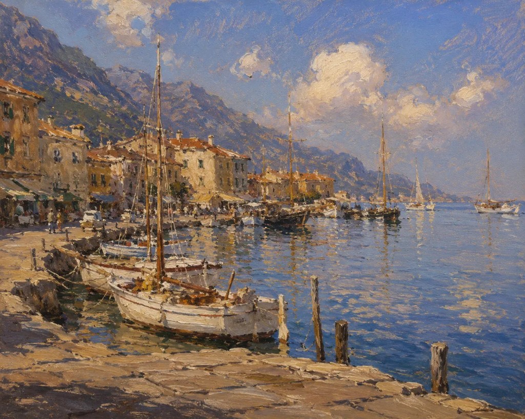 Sample output — Mediterranean harbor with sailboats, stone quay, and mountain backdrop rendered in plein air oil painting style with afternoon clarity