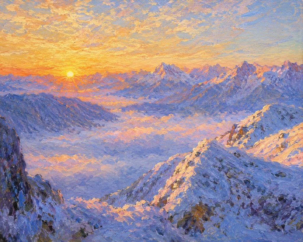 Sample output — "a sunrise from the Alps mountains" rendered as an Impressionist plein air landscape with comma-shaped brushstrokes and pure unmixed colour palette