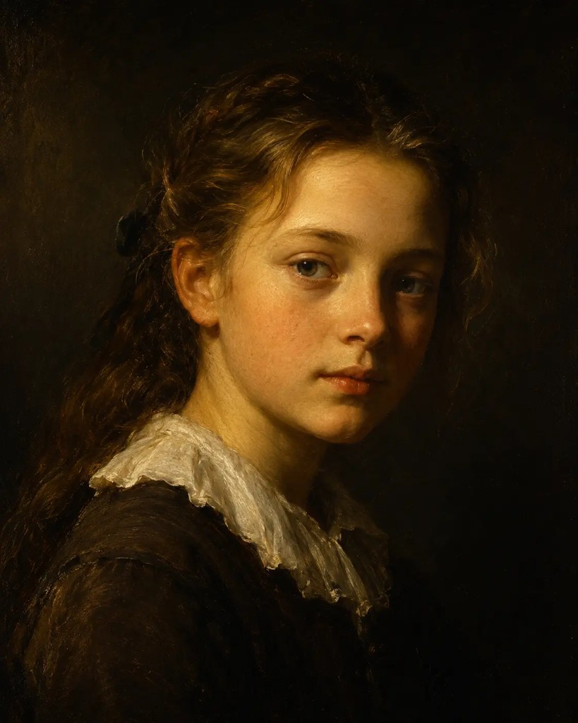 Sample output — "a young girl in her teens" rendered as an Old Masters oil portrait with chiaroscuro lighting and Dutch Golden Age technique