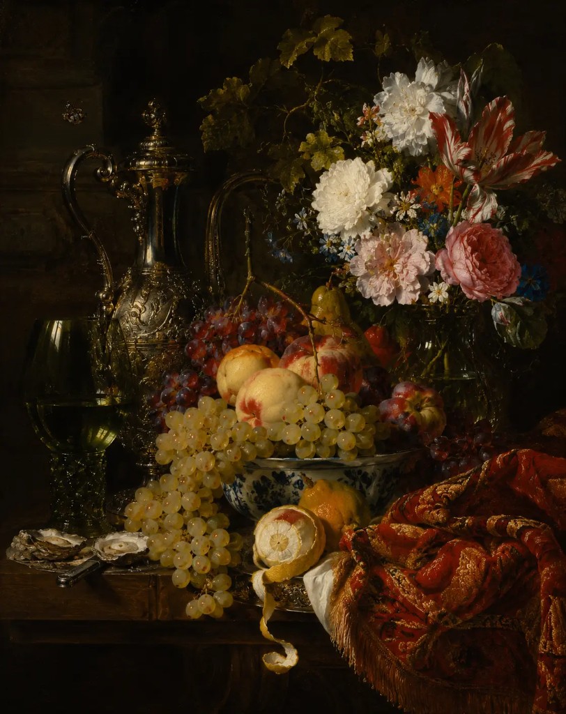 Sample output — Flemish still life with grapes, peaches, roses, silver ewer, and Delft porcelain bowl rendered in 17th-century Dutch oil glazing technique