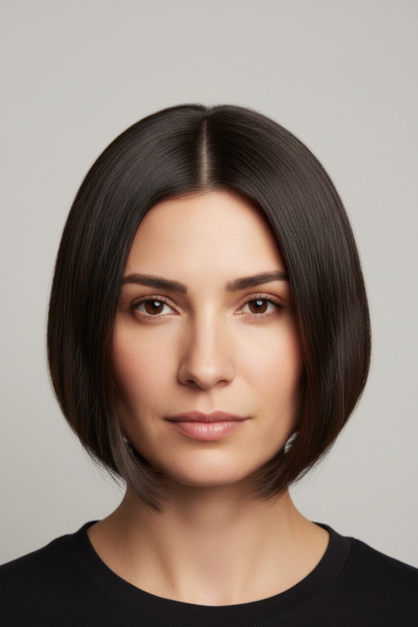 Short haircut preview example — blunt chin-length bob ending at the jawline with a clean blunt nape line