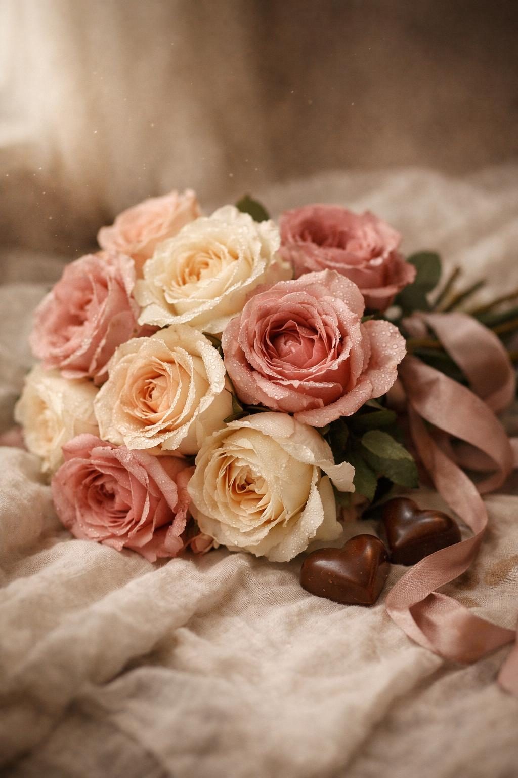 Valentine's Day scene — loose bouquet of garden roses on rumpled linen in macro, dusty rose and cream with soft window light