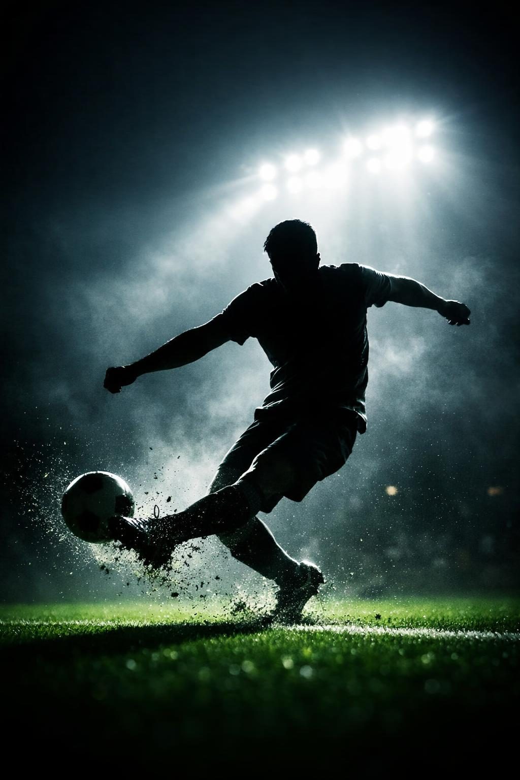 AI football wallpaper — anonymous backlit footballer silhouette mid-strike under stadium floodlights, emerald and white on near-black, vertical 4K